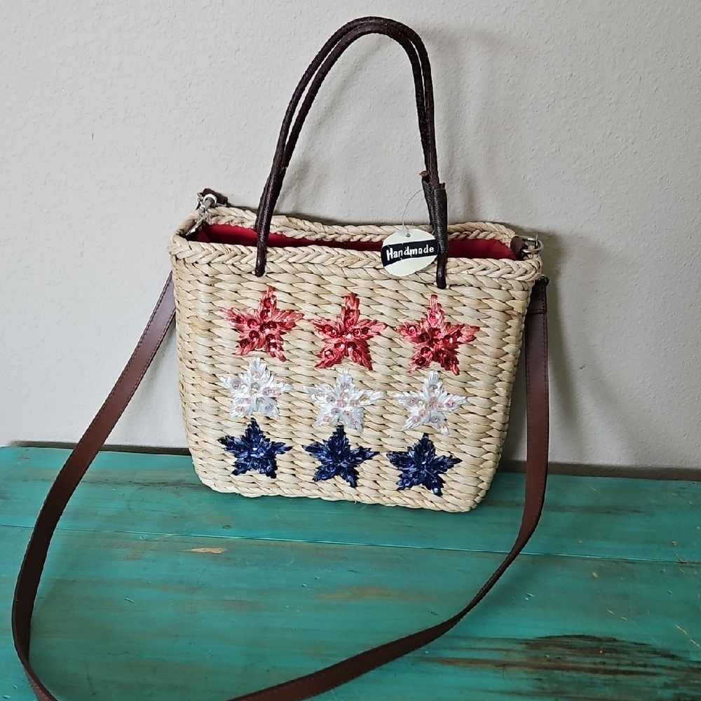 Woven Tote Bag with Star Accents